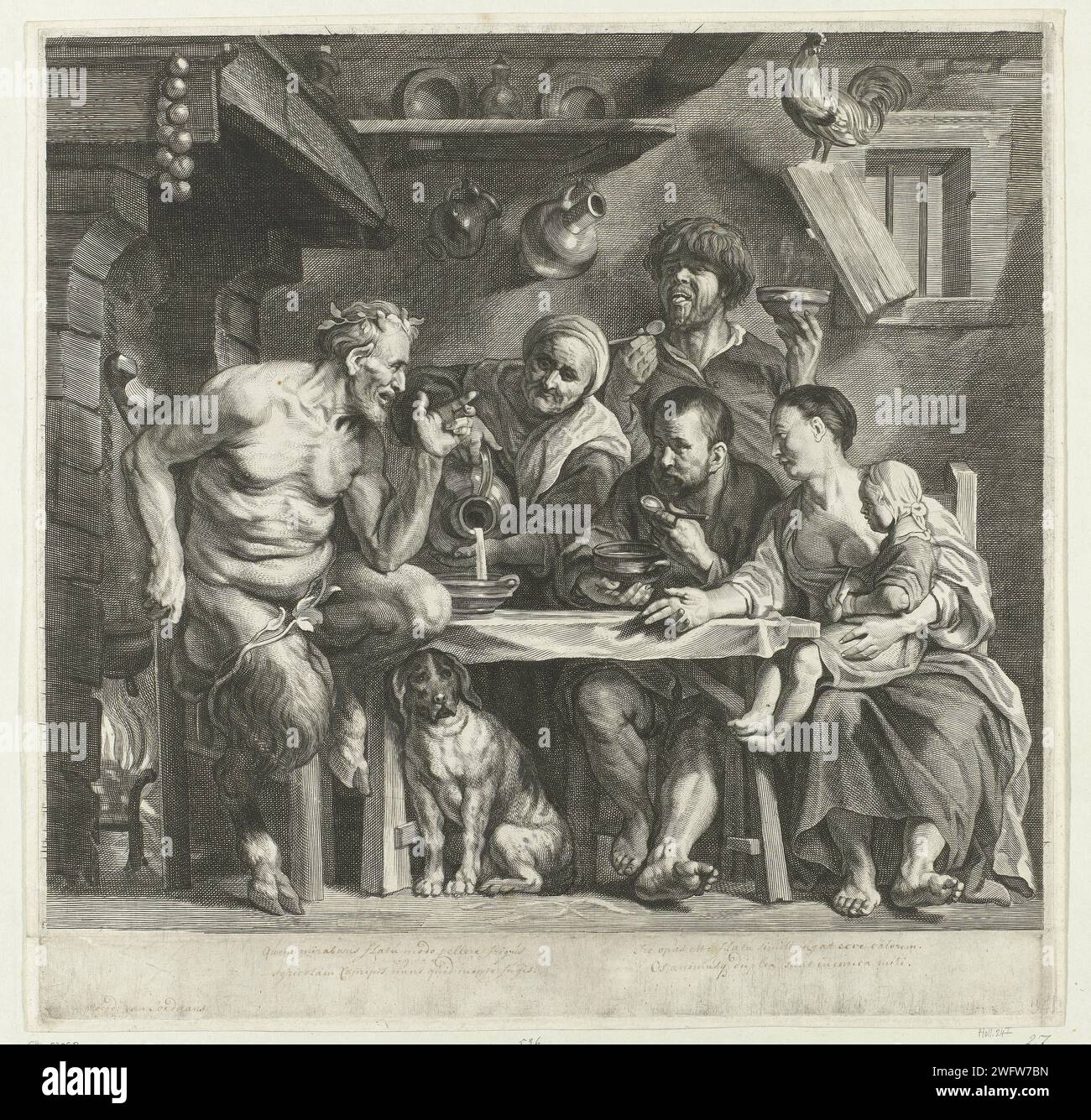 Favola del Sater e De Boer, Jacob Neefs, dopo Jacques Jordaens, 1620 - 1680 stampa Un sater e la sua famiglia sono seduti al tavolo nell'interno di un contadino. Una donna anziana versa la zuppa in una ciotola davanti al saat. Questa è l'immaginazione di una favola, in cui un viaggiatore è ospite di un Sater e della sua famiglia. L'ospite prima soffiava nelle sue mani intorpide e poi nella sua zuppa. Il Sater ha poi detto che il viaggiatore non poteva essere suo ospite, perché poteva soffiare calore e freddo dalla sua stessa bocca. Carta di Anversa che incide il satiro e i contadini; secondo Esopo: I satiri e il contadino Foto Stock
