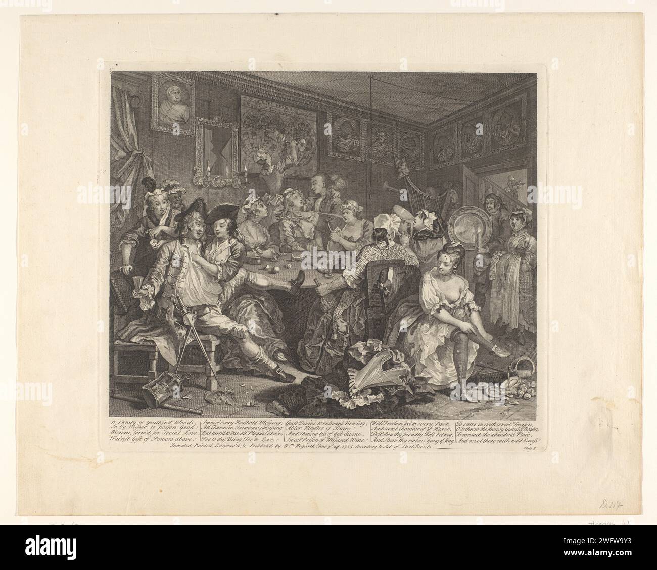 Tom Rakewell ubriaco in un bordello, William Hogarth, 1735 stampa testo in inglese nel margine inferiore. Questa scena si svolge nella Rose Tavern del bordello a Covent Garden. Le macchie scure nei volti delle donne suggeriscono che portano alla sifilide, poiché all'epoca era consuetudine usare il trucco per nascondere le ulcere. L'orologio Toms viene rubato da due donne. I ritratti danneggiati degli imperatori romani sono appesi al muro. Incisione/incisione di carta di Londra caricature politiche e satire. l'uomo viene derubato (scena di bordello) Foto Stock
