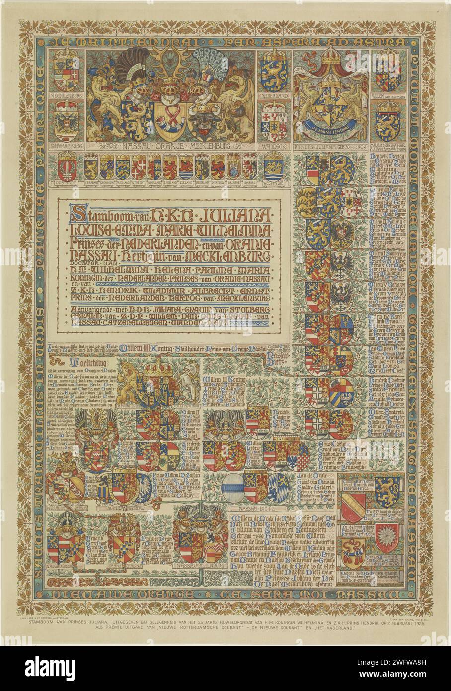 Albero genealogico di Juliana, Regina dei Paesi Bassi, 1926 stampa albero genealogico da Juliana, da Willem i a Juliana. Tredici righe di testo olandese in un rettangolo decorato. Intorno ai rami di un albero, diverse armi con nomi e dati. Interamente in un rettangolo di rami arancioni. Fabbricato in occasione del 25° anniversario di matrimonio di Wilhelmina e Hendrik nel 1926. Piatto premium del "Nieuwe Rotterdam Courant", "la Patria" e "il nuovo Corteggiante". Tipografia: Netherlandsprinter: Amsterdam paper Foto Stock