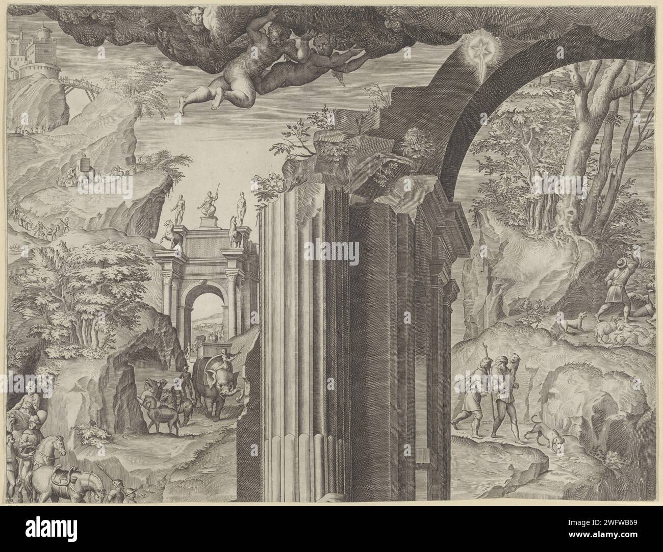 Adorazione dei Re (parte in alto a sinistra), Agostino Carracci, dopo Baldassare Peruzzi, 1567 - 1602 stampa il culto del bambino di Cristo da parte dei re, per una grande rovina. Sullo sfondo un paesaggio collinare con edifici antichi e la processione con il risultato dei re. Sopra la rovina, appare Dio il padre accompagnato da un coro di angeli. Tipografia: Italyafter disegno di: Bolognapublisher: RomeItaly incisione cartaria adorazione dei re: I saggi presentano i loro doni al bambino di Cristo (oro, incenso e mirra) Foto Stock