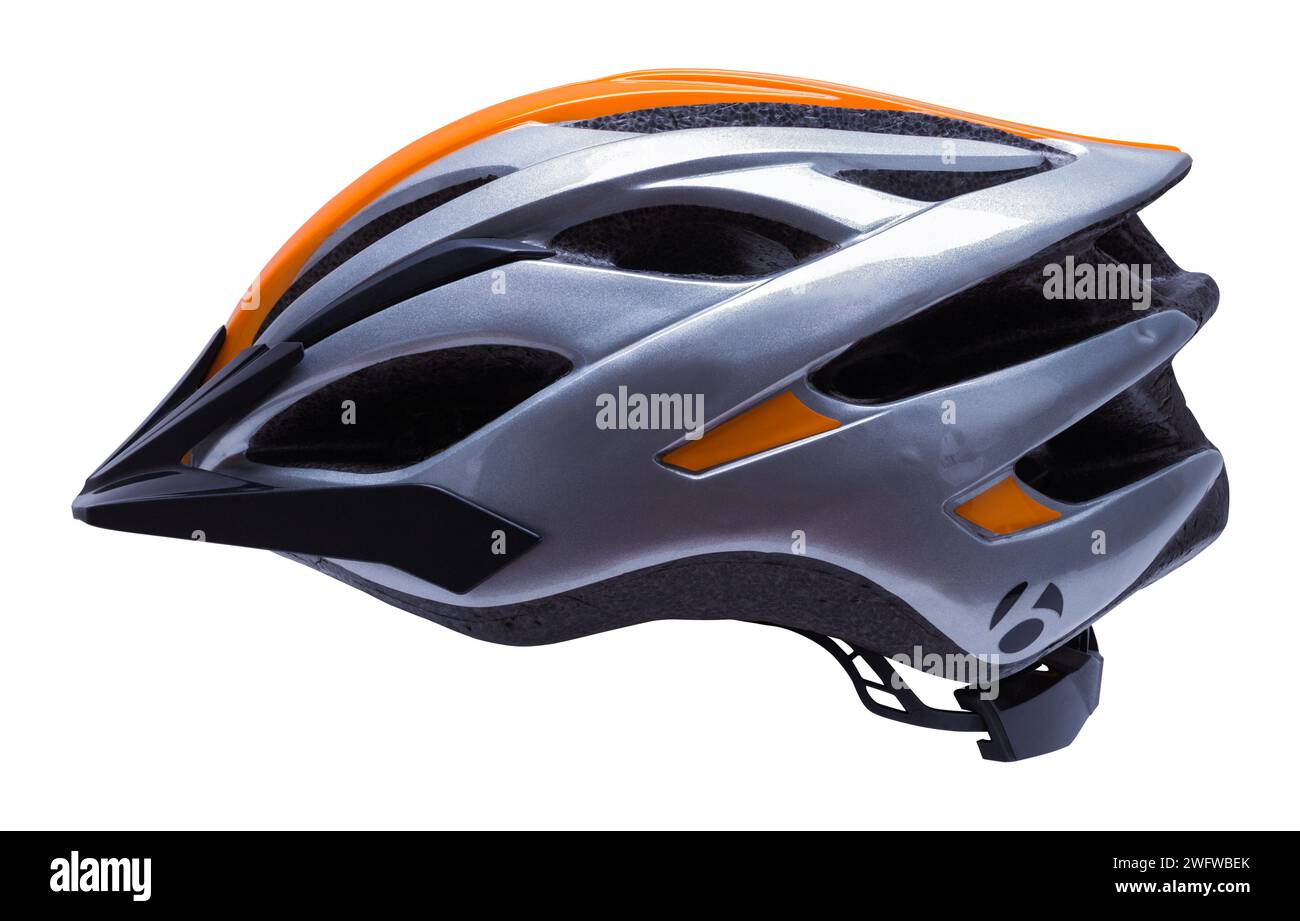Vista laterale ritaglio del casco da bici grigio. Foto Stock