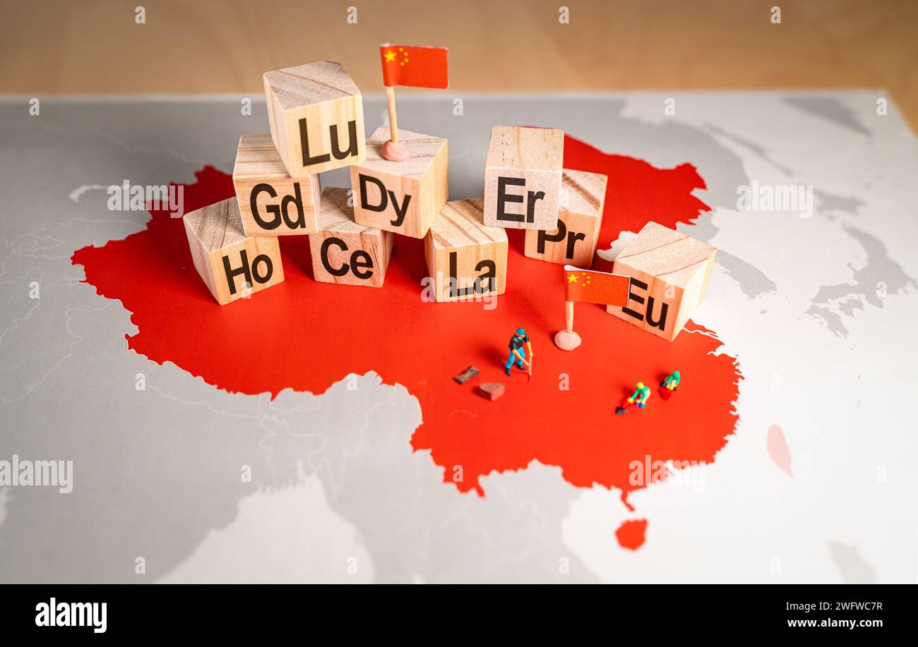 Elementi terrestri rari su una mappa della Cina Foto Stock