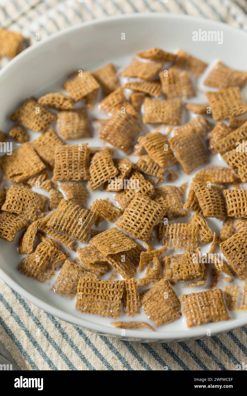 Sane quadrati di grano cereali da colazione con latte intero Foto Stock