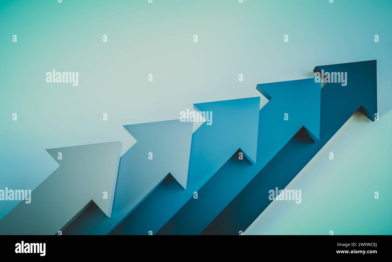 frecce blu e blu che si spostano verso l'alto. rendering 3d. Foto Stock