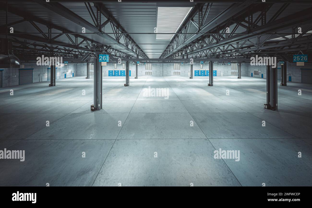 all'interno di un grande magazzino vuoto con pavimento in cemento. rendering 3d. Foto Stock