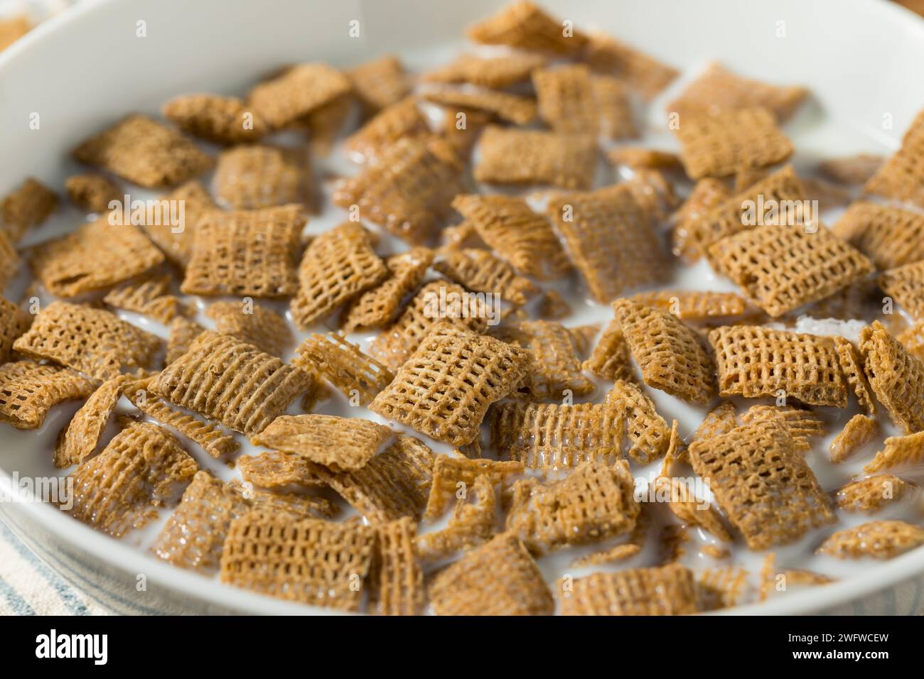 Sane quadrati di grano cereali da colazione con latte intero Foto Stock