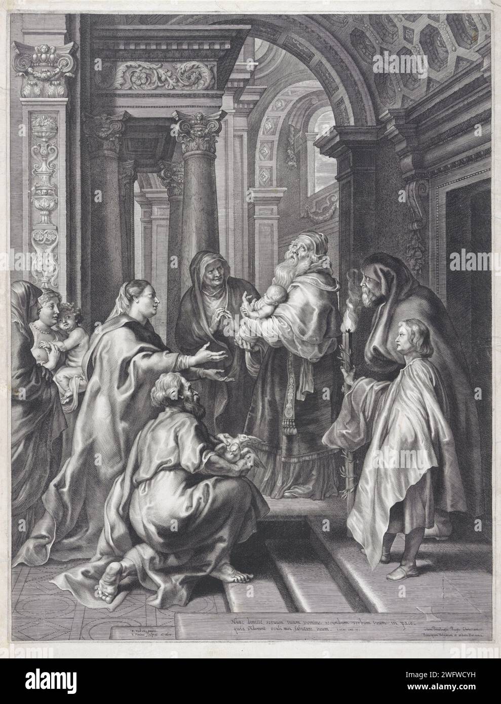Presentazione nel Tempio, Paolo Ponzio, dopo Pietro Paolo Rubens, 1638 stampa Maria e Giuseppe hanno portato Cristo al tempio. Il sommo sacerdote Simeon tiene il bambino tra le sue braccia. Joseph si inginocchia per loro e tiene alcuni piccioni. Gli Hanna Prophetes guardano al culto. In fondo a una citazione bidirezionale della Bibbia di Luc. 2 in latino. Incisione di carta di Anversa presentazione del Cristo bambino nel tempio, di solito Simeone (e Anna) presente (Luca 2:22-39) Foto Stock Presentazione nel Tempio, Paolo Ponzio, dopo Pietro Paolo Rubens, 1638 stampa Maria e Giuseppe hanno portato Cristo al tempio. Il sommo sacerdote Simeon tiene il bambino tra le sue braccia. Joseph si inginocchia per loro e tiene alcuni piccioni. Gli Hanna Prophetes guardano al culto. In fondo a una citazione bidirezionale della Bibbia di Luc. 2 in latino. Incisione di carta di Anversa presentazione del Cristo bambino nel tempio, di solito Simeone (e Anna) presente (Luca 2:22-39) Foto Stock