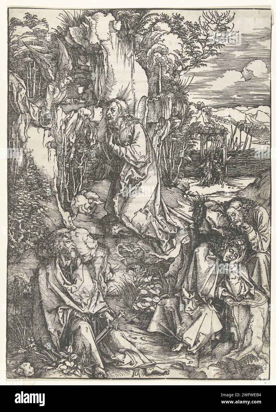 Cristo sul Monte degli Ulivi, Albrecht Dürer, 1511 stampa Cristo prega nella corte di Getsemane, mentre i suoi discepoli dormono intorno a lui. Testo latino stampato sul lato fresco. Questa stampa fa parte della serie stampa "la grande passione", composta da un titolo stampato e 11 scene della storia della sofferenza. Norimberga scrive la preghiera di Cristo nel Giardino del Getsemani durante la notte Foto Stock