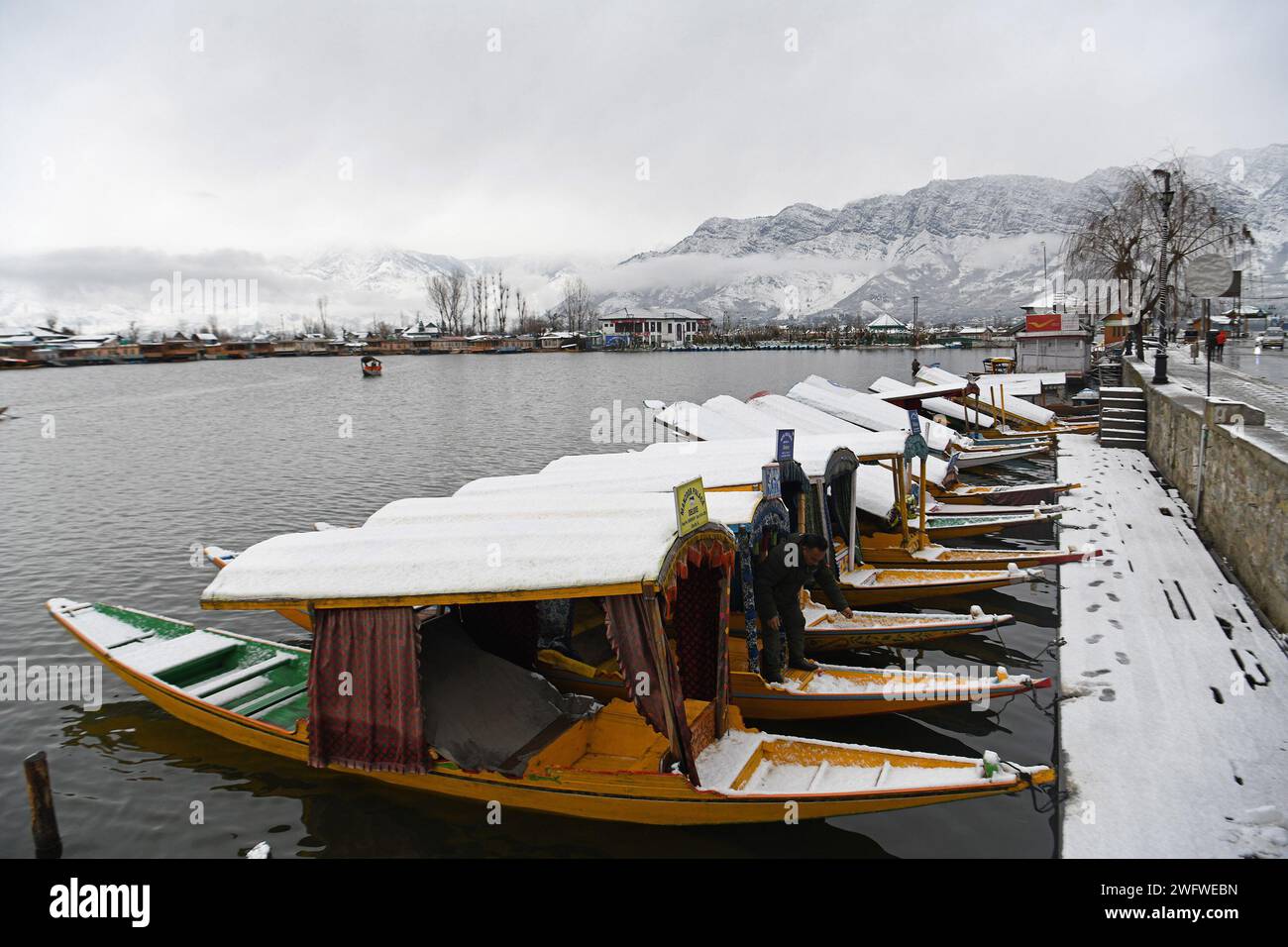 Le nevicate fresche nei tratti più alti della valle del Kashmir hanno infranto uno dei più lunghi periodi di asciutto di circa due mesi di questa stagione. Una fresca nevicata ha attirato la gente del posto e i turisti. L'economia dello stato è fortemente dipendente dall'industria turistica e la nevicata dopo una lunga attesa attira i turisti nella scintillante valle d'argento. Kashmir, India. Foto Stock