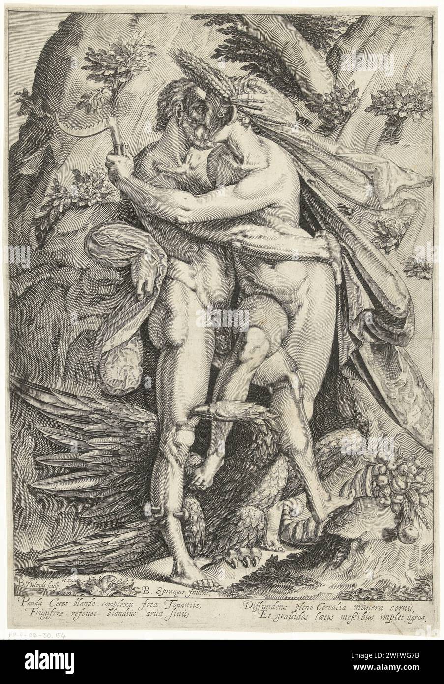 Plutone e Cerere, Bartholomeus Willemsz. Dolendo, dopo Bartholomeus Spranger, 1598 stampa Leida carta incisione Giove risolve il problema tra Cerere e Plutone Foto Stock