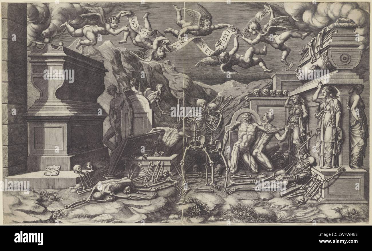 Visioen van Ezekiel sopra la valle delle ossa, 1530 - 1582 stampa il profeta Ezechiele ha una visione della valle piena di ossa secche che che sono ricoperte di carne e prendono vita. Diversi sarcofagi e lapidi si diffondono durante lo spettacolo. Al piano superiore cinque putti galleggianti insieme a un Baderon con il testo: Dabo Super Vos Ner Vos et Succrescere facia SUP Vos carne. Tipografia: Italyafter design by: Italypublisher: Rome paper Engraving Ezekiel Vision of the Valley of the dry Bones (Ezekiel 37:1-10) Foto Stock