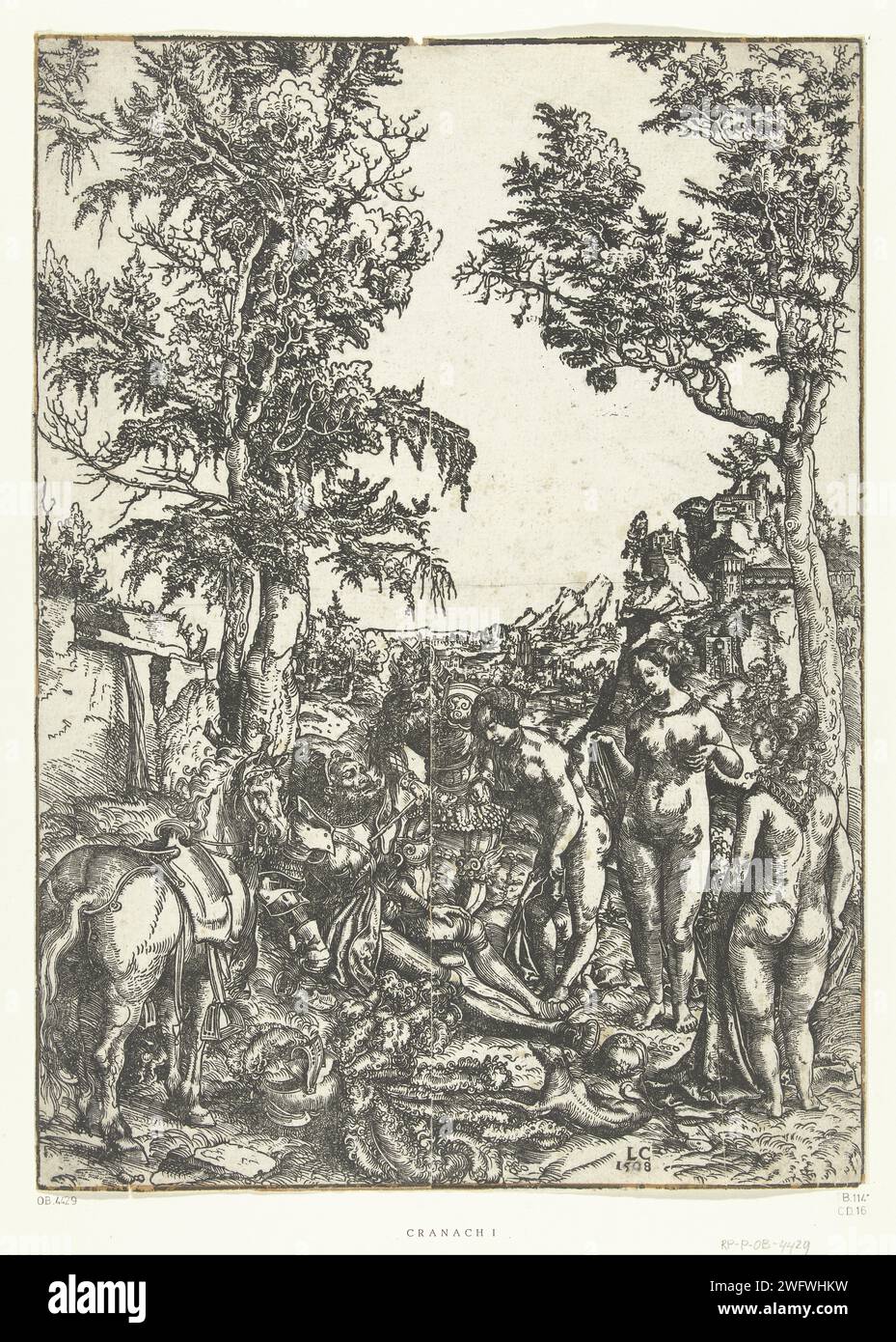 Giudizio di Parigi, Lucas Cranach (i), stampa del 1508 mercurio suscita la Parigi addormentata in modo che possa decidere quale delle tre dee Giunone, Minerva o Venere sia la più bella. Le donne qui non possono essere distinte per attributi. Documento della Germania The Judgement of Paris (mercurio presente) Foto Stock
