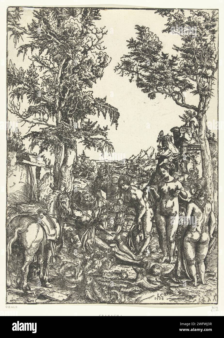 Giudizio di Parigi, Lucas Cranach (i), stampa del 1508 mercurio suscita la Parigi addormentata in modo che possa decidere quale delle tre dee Giunone, Minerva o Venere sia la più bella. Le donne qui non possono essere distinte per attributi. Documento della Germania The Judgement of Paris (mercurio presente) Foto Stock