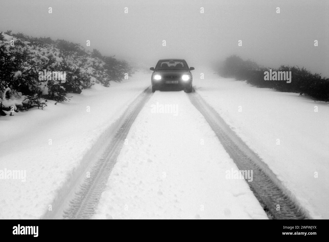 Auto su un sentiero innevato a Roque de los Muchachos, la Palma, Isole Canarie, Spagna, Europa Foto Stock
