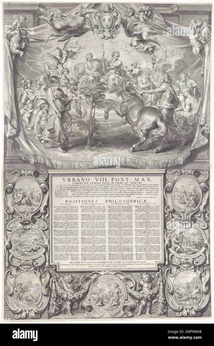 Stampa promozionale di Charles de la Vieuville, 1636, Paulus Pontius, dopo Peter Paul Rubens, dopo Abraham van Diepenbeeck, stampa del 1636 annuncio della promozione di Charles de la Vieuville e della difesa della sua tesi "Positiones Philosophicæ", al Collège d'Archin di Douai il 29 dicembre 1636. Un incontro degli dei è stato presentato su un tappeto. Minerva e Neptunus contestano il possesso di Attica. Gli dei promettono il paese a coloro che possono dare agli abitanti il dono più utile. Neptunus crea il cavallo con il suo tridente. Minerva e' sulla terra, dove lei lascia Foto Stock