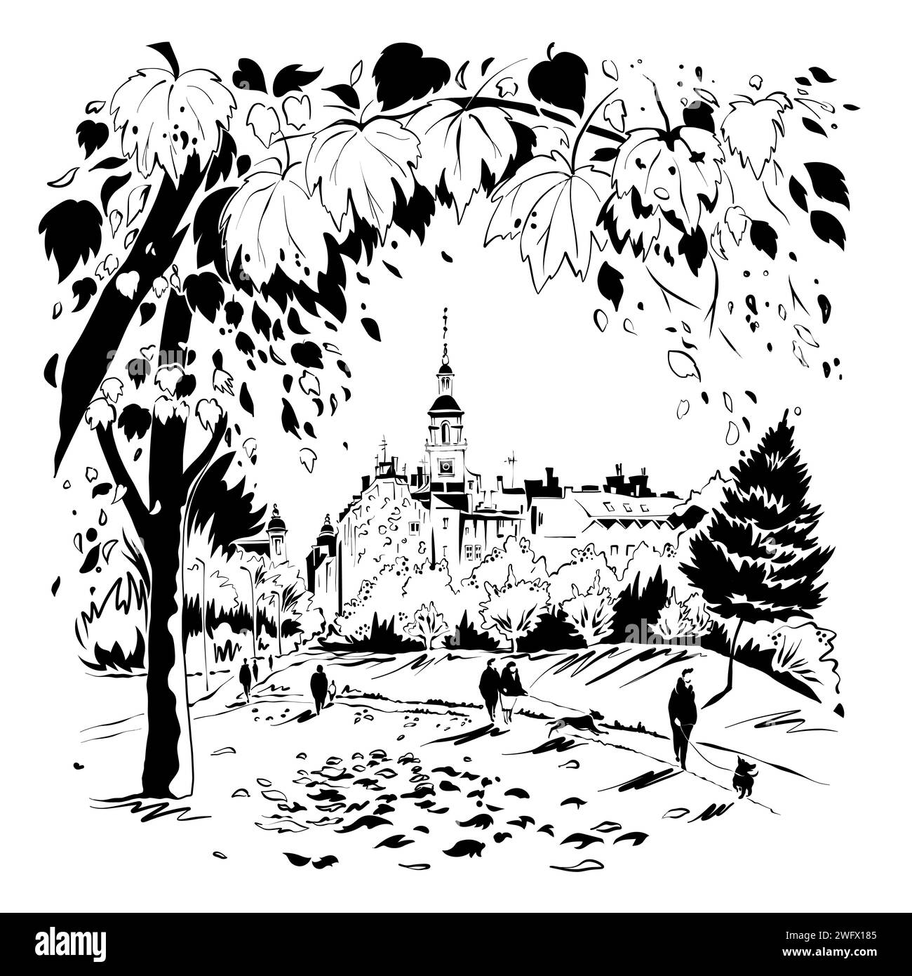 Schizzo vettoriale della città vecchia di Poznan in autunno, Polonia Illustrazione Vettoriale