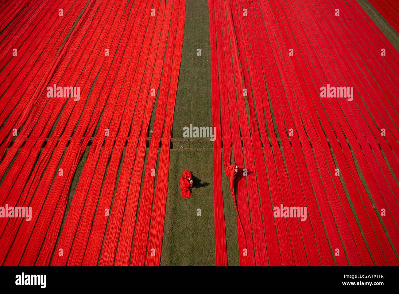 Vista aerea di centinaia di metri di cotone rosso brillante appena tinto si estendono per asciugare al sole a Narsingdi, Bangladesh. Foto Stock