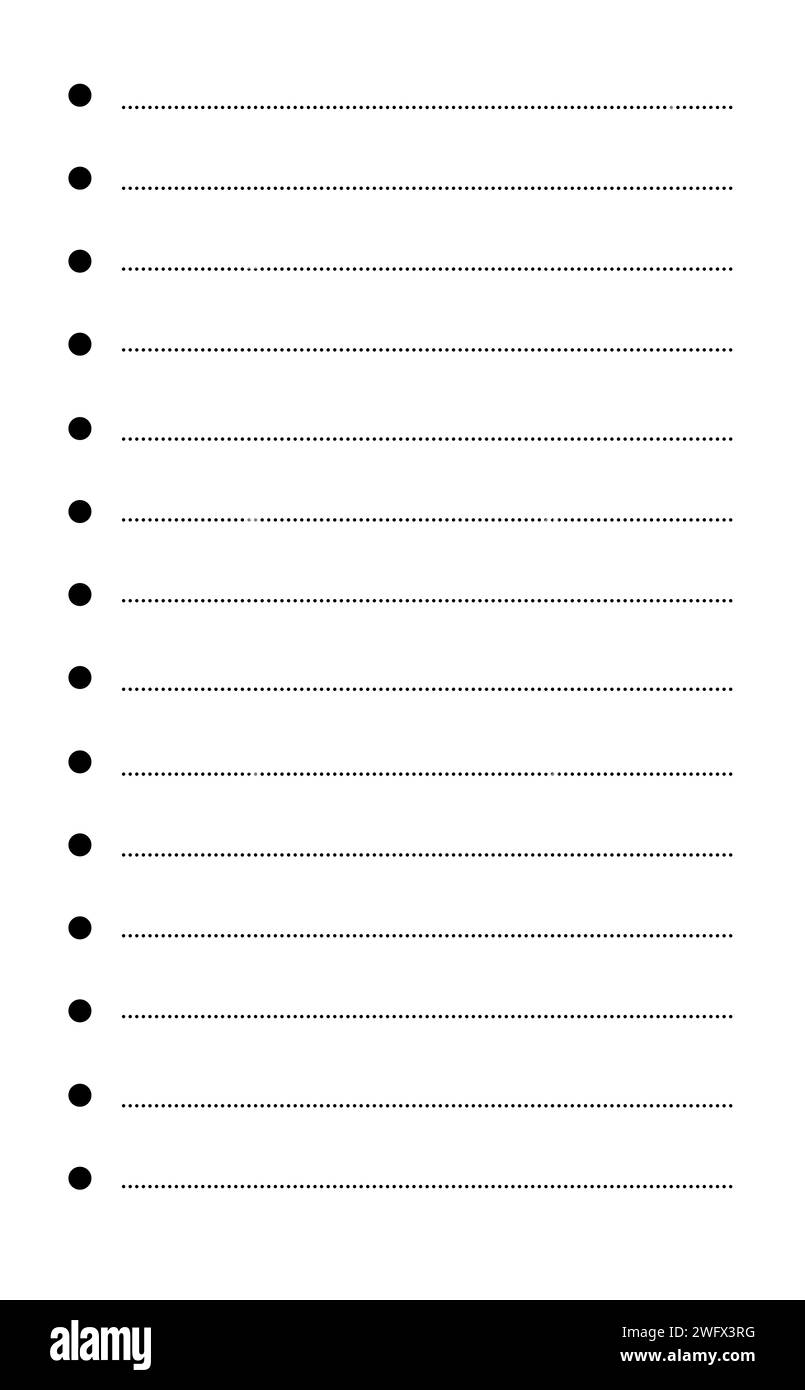 Illustrazione dell'elenco delle attività con punti e linee. Cancelleria. Elenco di pianificazione. Foto Stock