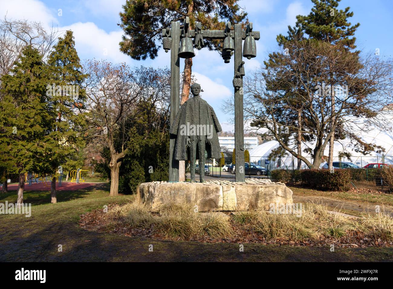 La statua del compositore ungherese Bela Bartok presso il lago Feneketlen a Budapest Foto Stock