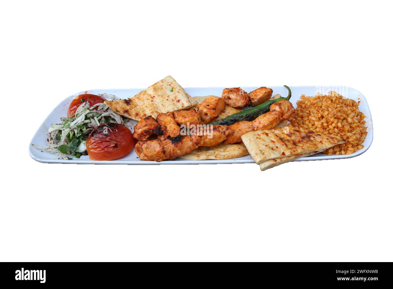 Chicken shish kebab, isolato su sfondo bianco Foto Stock
