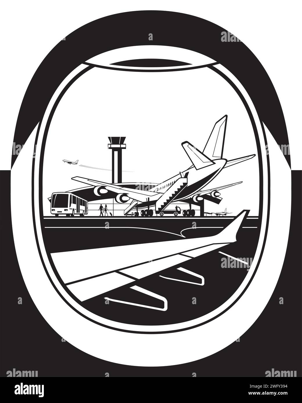 Vista all'aeroporto dalla finestra dell'aeromobile - illustrazione vettoriale Illustrazione Vettoriale