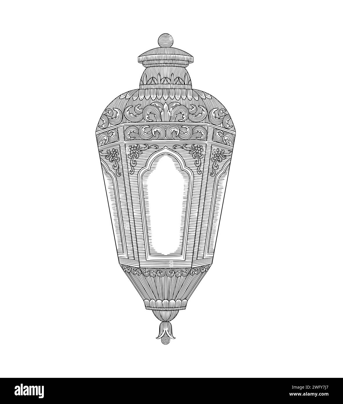 Lanterna Ramadan kareem con ornamento floreale, illustrazione in stile incisione vintage Illustrazione Vettoriale
