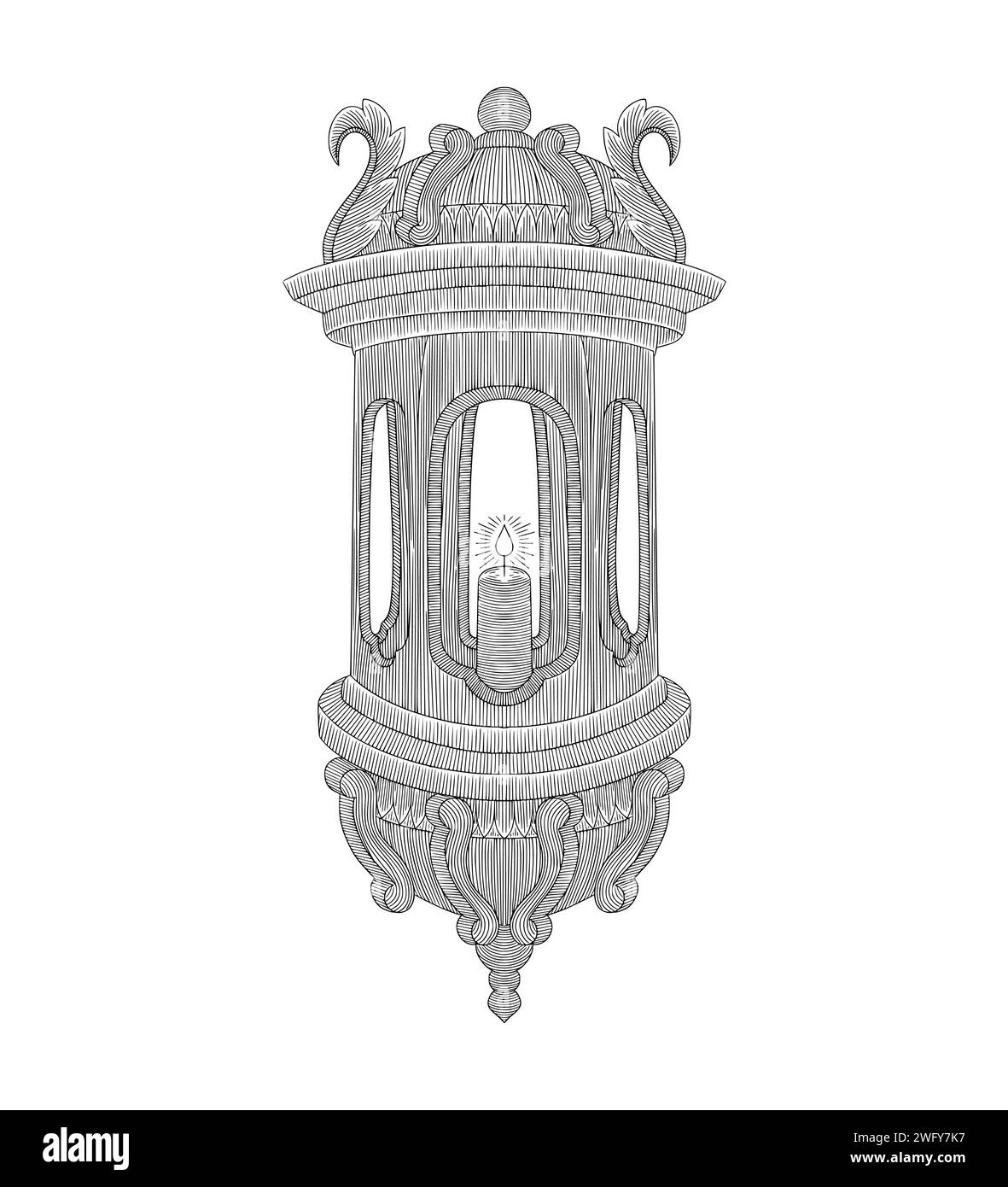 Lanterna Ramadan kareem con datteri, banner, ornamenti floreali, illustrazione in stile incisione vintage Illustrazione Vettoriale