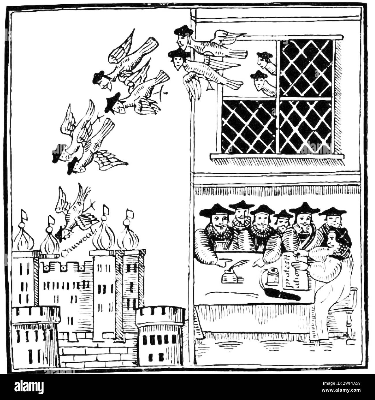 Caricatura tagliata su legno dei Vescovi caduti sulla terra dal 1642. Foto Stock