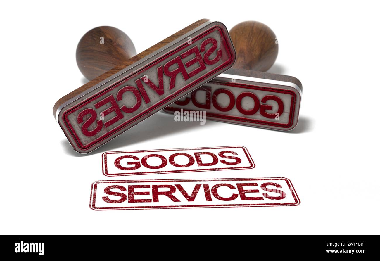Francobolli in gomma con le parole "beni e servizi" su sfondo bianco. illustrazione 3d. Foto Stock