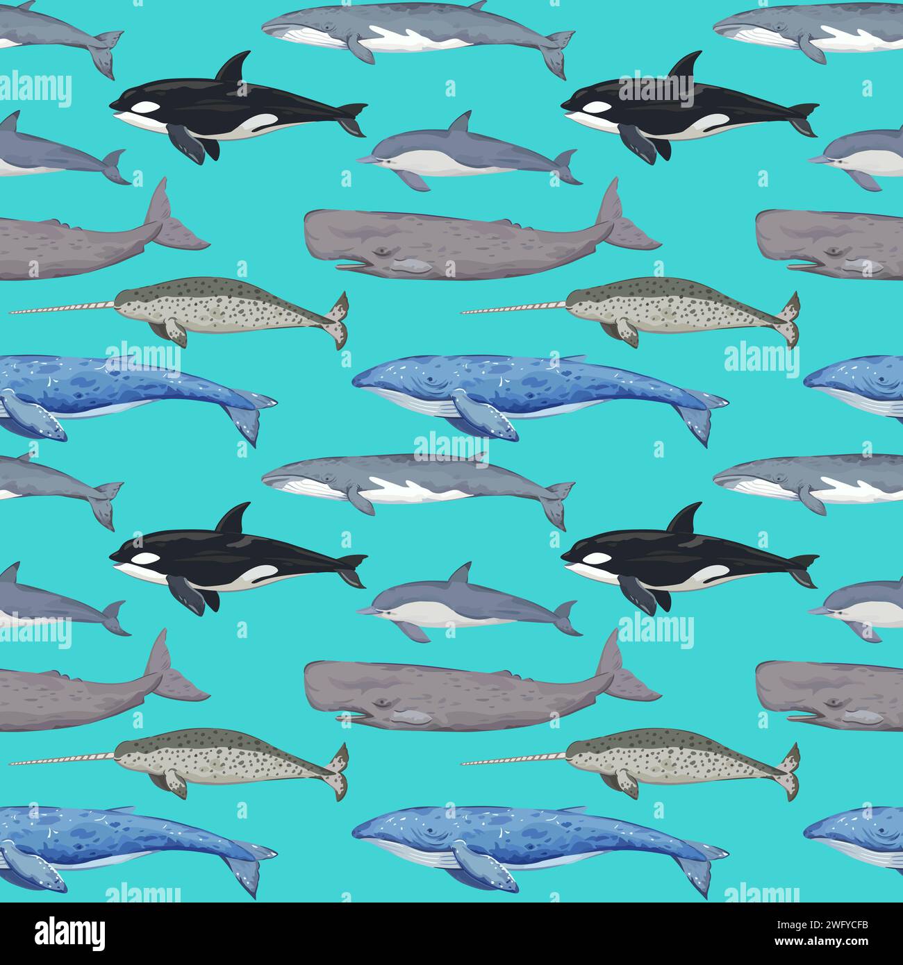 Modello senza cuciture con varie balene. Stampa dettagliata disegnata a mano. Illustrazione vettoriale per la progettazione. Illustrazione Vettoriale