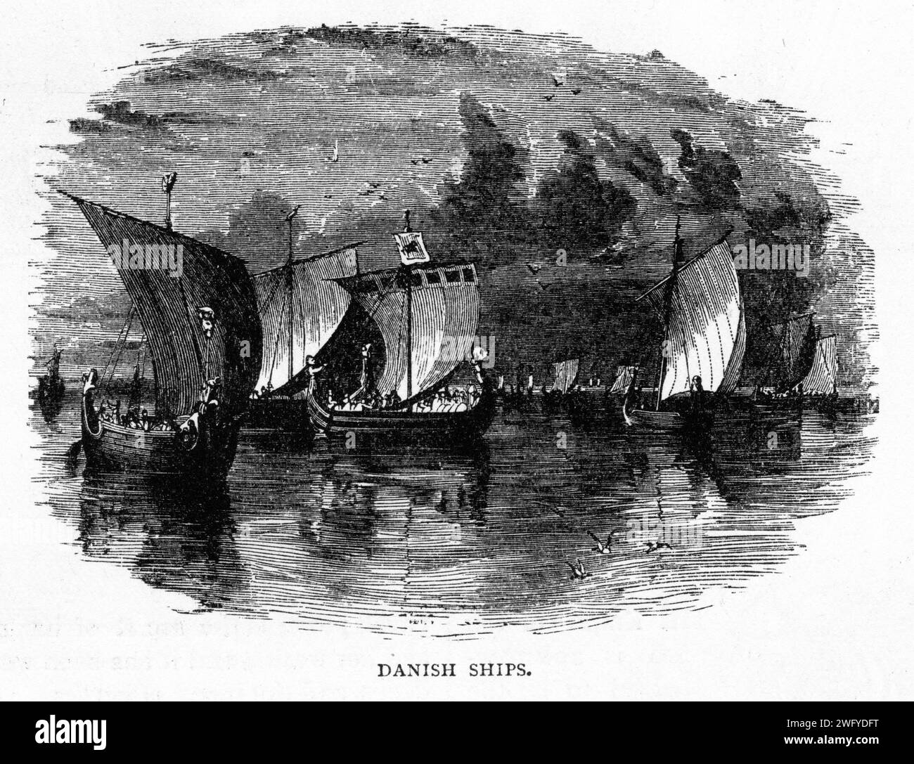 Incisione di una flotta di pescherecci vichinghi danesi, intorno al 1900 Foto Stock