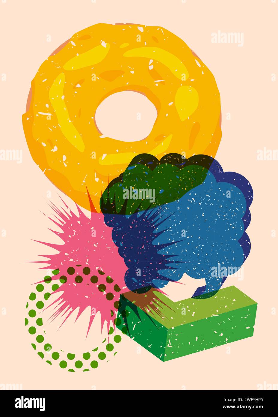 Risograph Doughnut, Sweet Food con bolla vocale dalle forme geometriche. Dessert in stile texture con stampa grafico riso alla moda con elemento geometrico Illustrazione Vettoriale