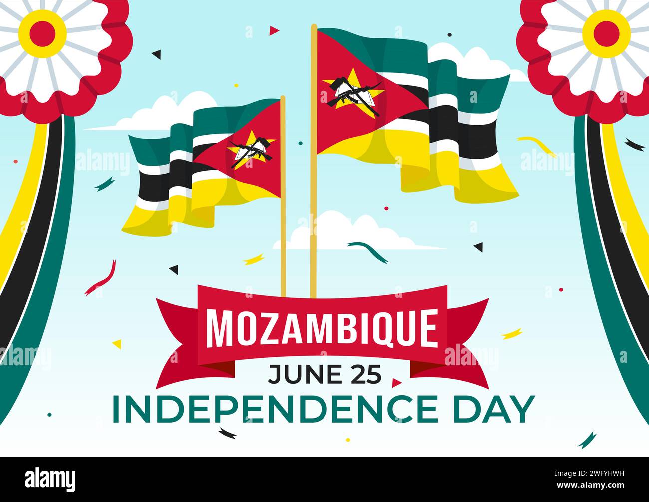 Illustrazione vettoriale del giorno dell'indipendenza del Mozambico il 25 giugno con la bandiera e il nastro ondulati nella celebrazione delle festività nazionali sfondo piatto di cartone animato Illustrazione Vettoriale