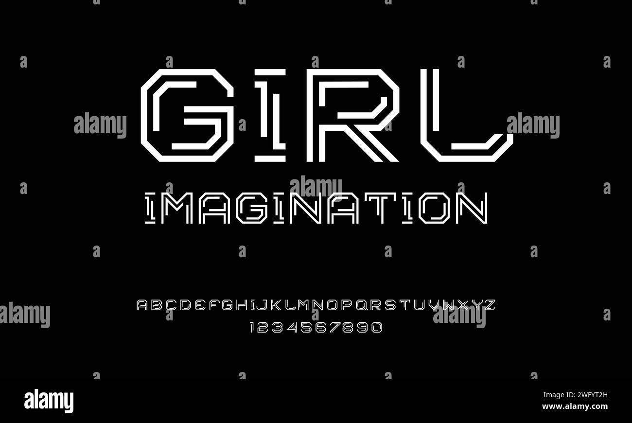 Linee parallele font arrotondati stilizzati, linea doppia per ogni lettera, set di lettere sottili minimali per futuristiche, fantascientifiche e tecnologia. Illustrazione Vettoriale