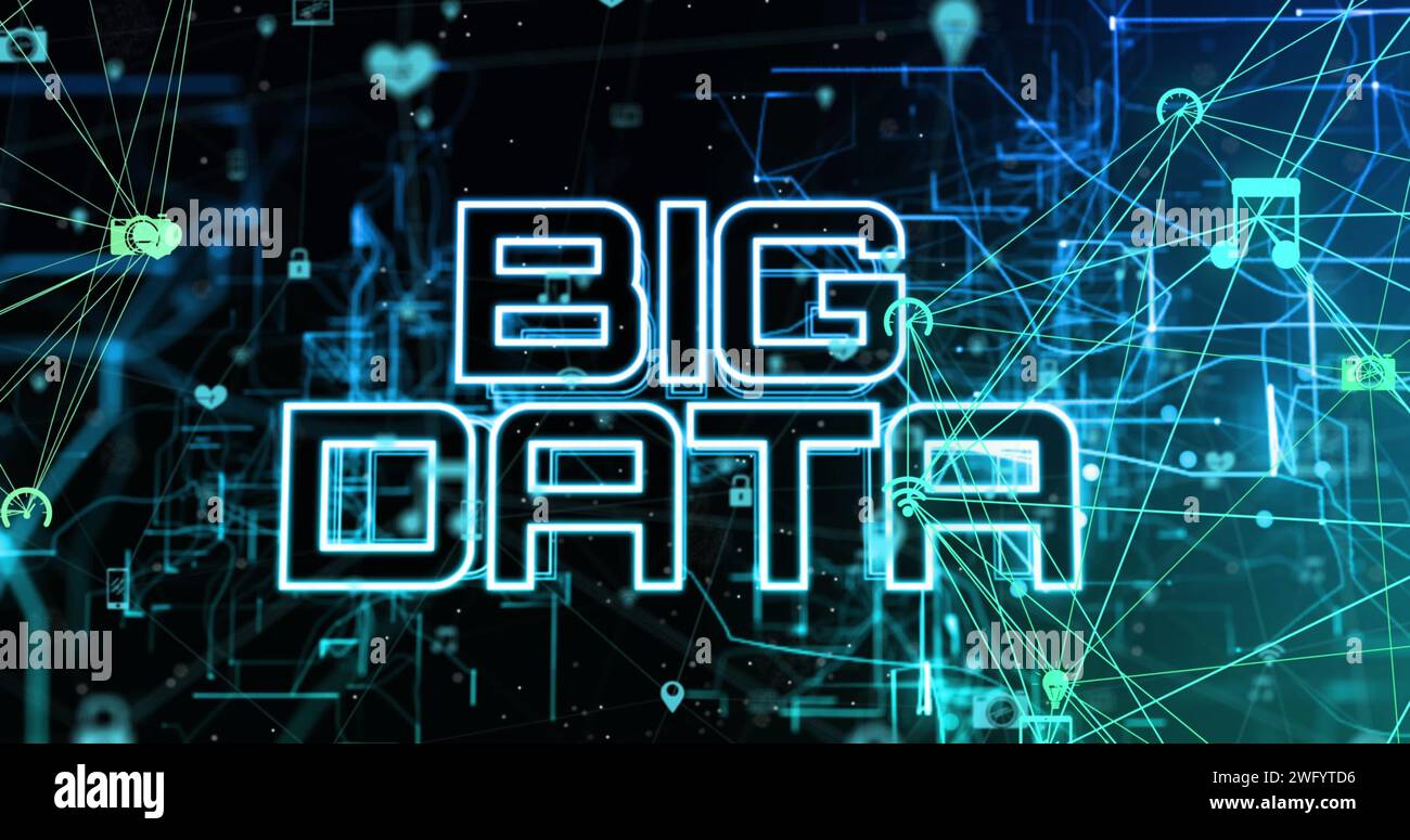 Immagine del testo dei big data sull'elaborazione dei dati su sfondo nero Foto Stock