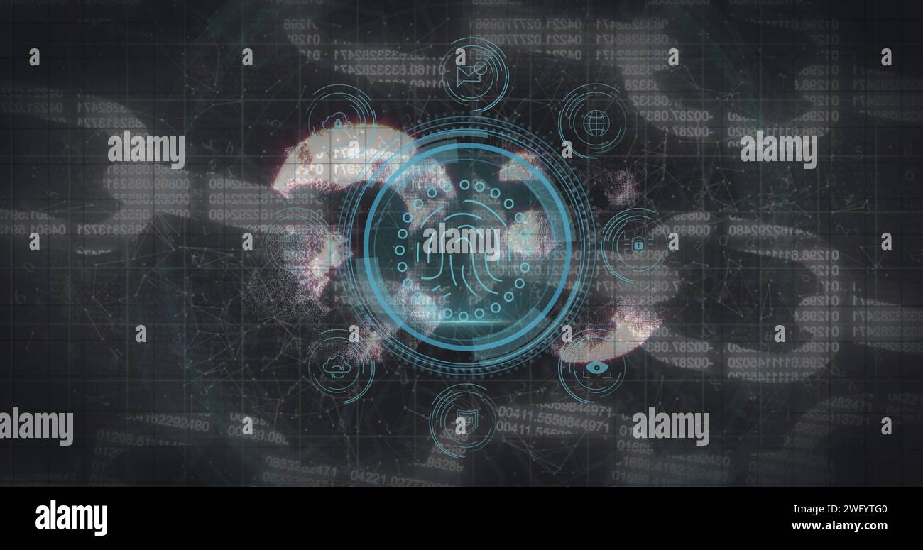 Immagine dell'elaborazione dei dati e dell'impronta digitale su sfondo nero Foto Stock