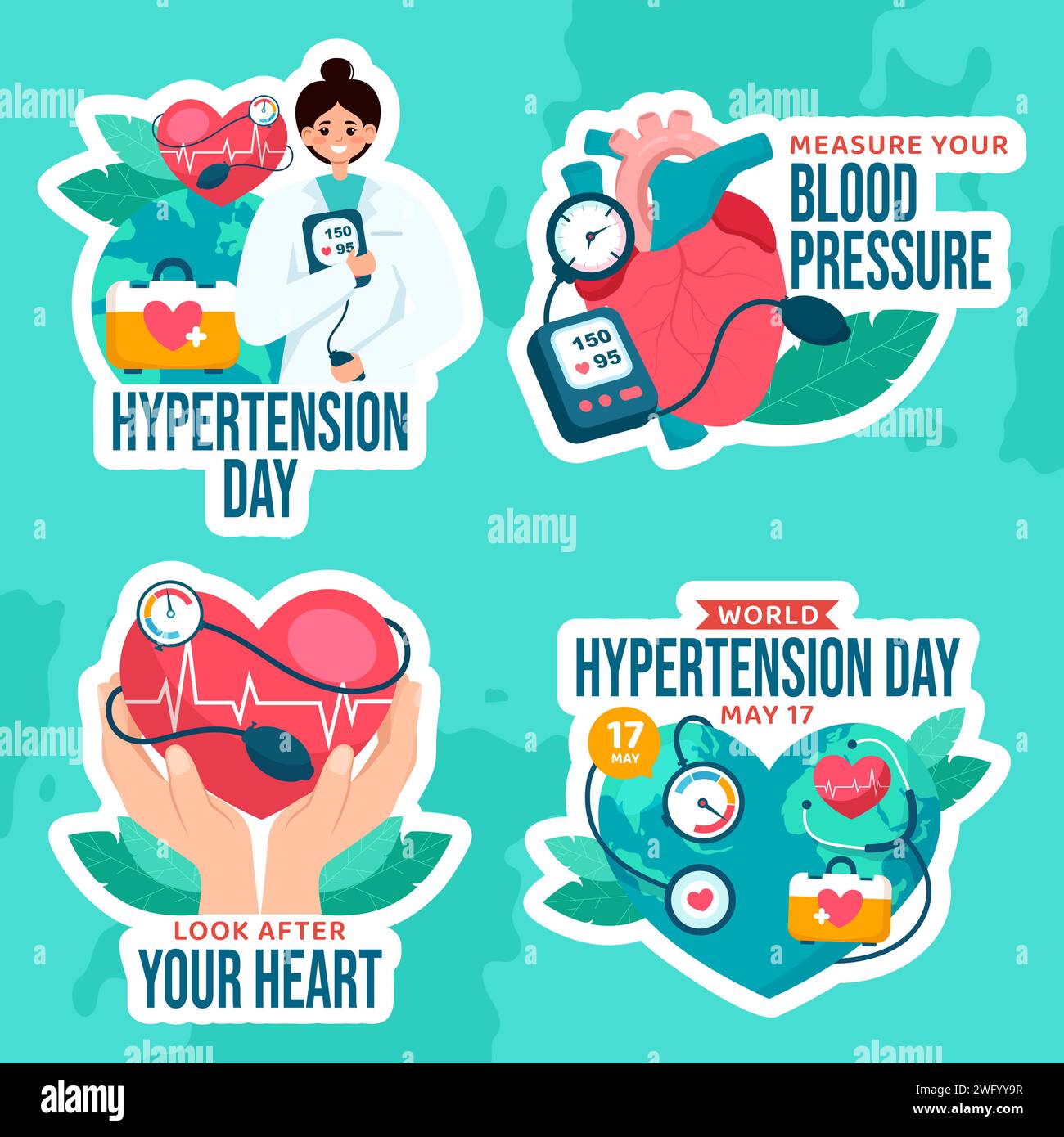 Etichetta giorno ipertensione cartone animato piatto modelli disegnati a mano illustrazione di sfondo Illustrazione Vettoriale