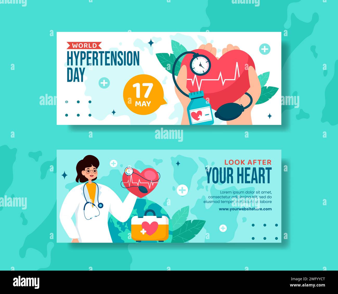 Banner orizzontale giorno ipertensione cartone animato piatto modelli disegnati a mano illustrazione di sfondo Illustrazione Vettoriale