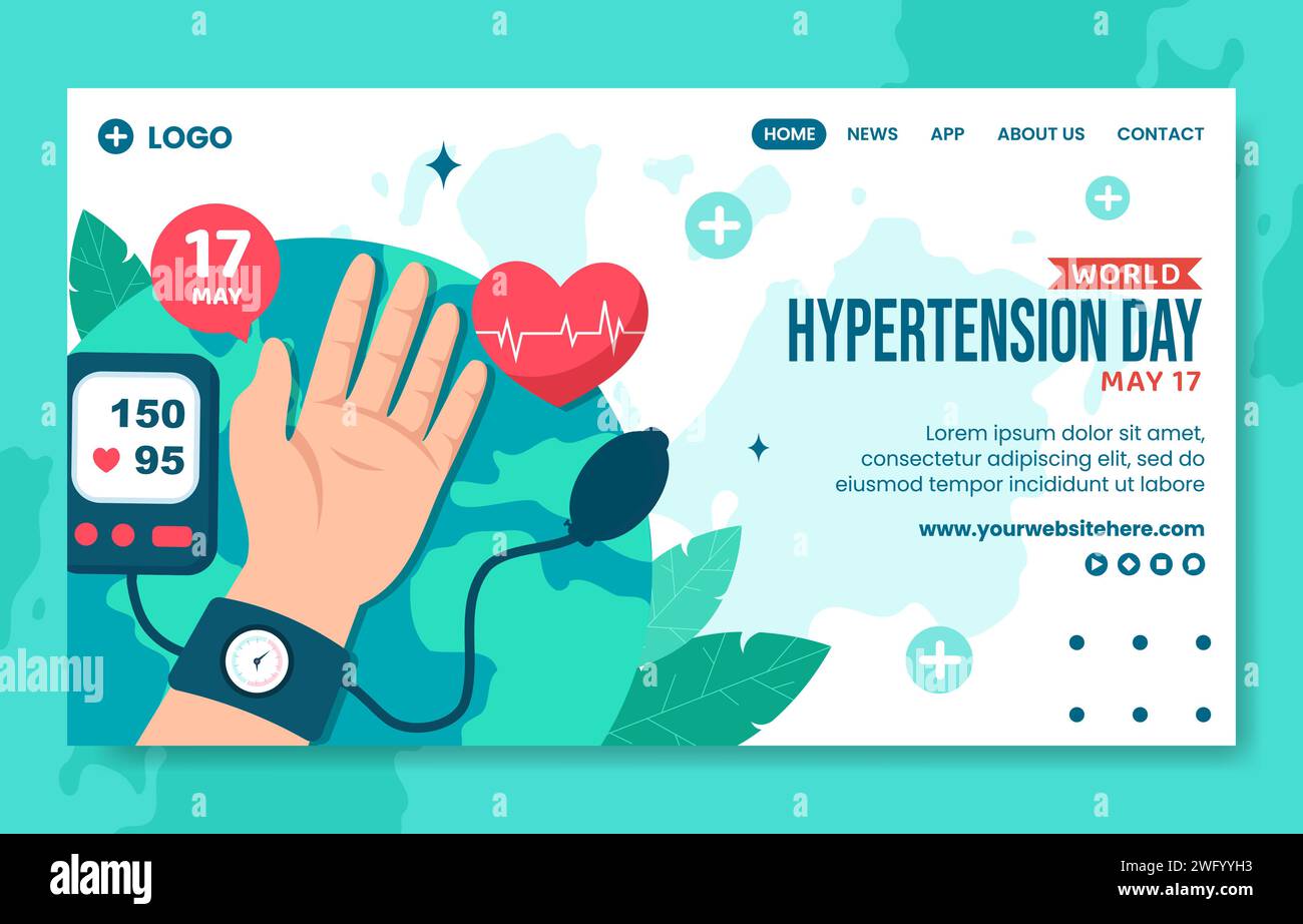 Hypertension Day Social Media Landing Page cartone animato modelli disegnati a mano illustrazione di sfondo Illustrazione Vettoriale