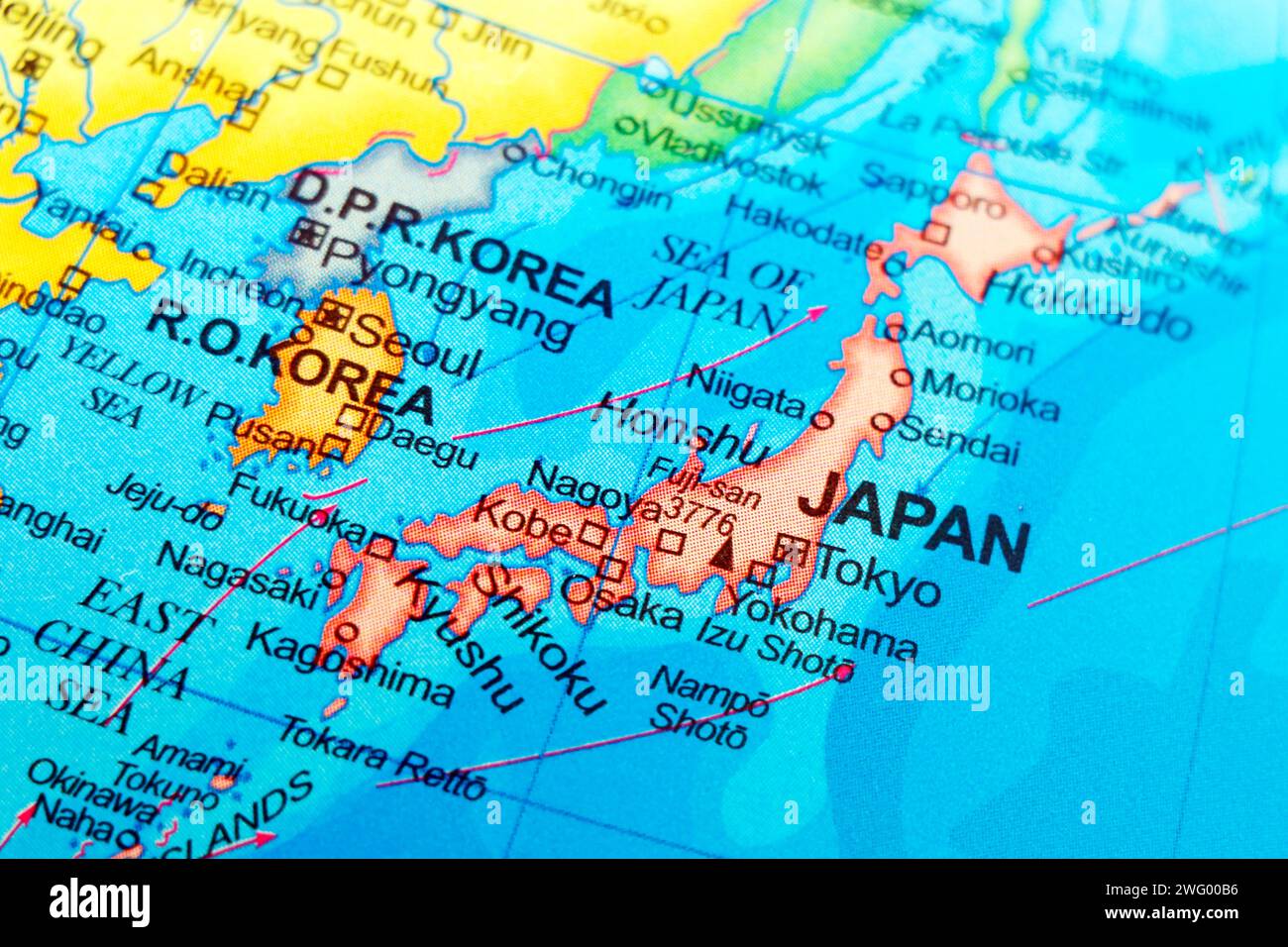 mappa mondiale del giappone e dei paesi vicini corea del nord e del sud in primo piano Foto Stock