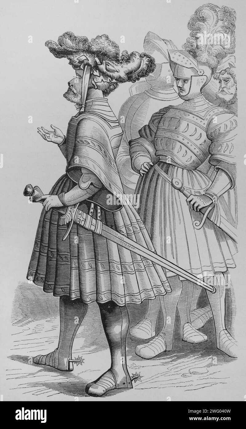 Cavalieri tedeschi. Facsimile su un manoscritto originale del XV secolo illustrato in "vita imperatoris Maximiliani", inciso da Burgmayer da un disegno di Albrecht durer (1471-1528). "Moeurs, usages et costumes au moyen-âge et à l'époque de la Renaissance", di Paul Lacroix. Parigi, 1878. Foto Stock