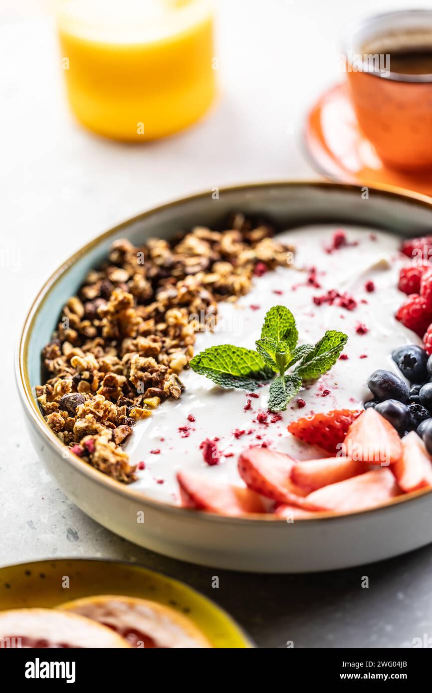 Una ciotola piena di frutti di bosco, yogurt e cereali. Concetto di colazione salutare. Foto Stock