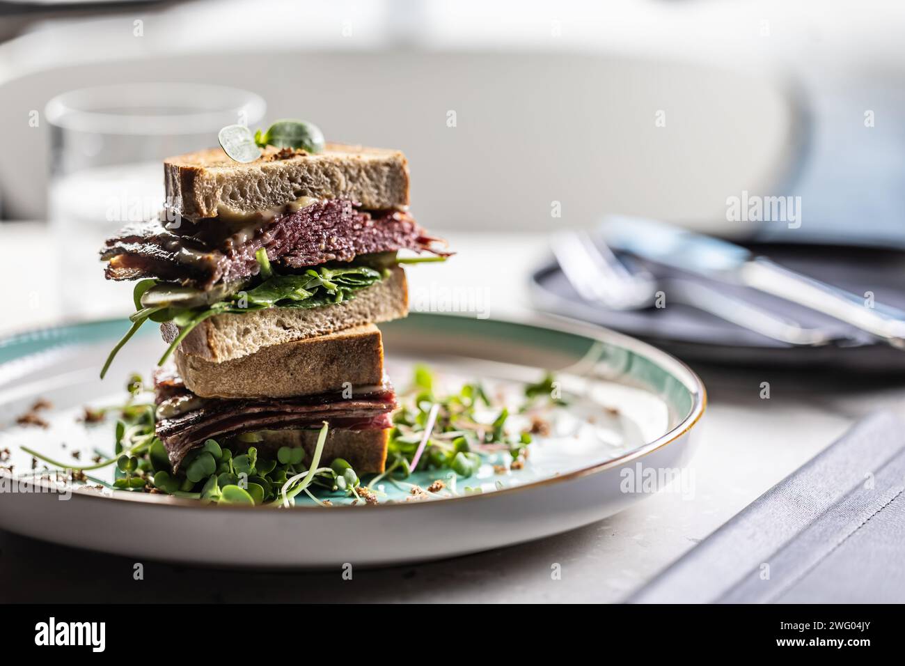 Sandwich New York con pastrami, salsa ed erbe. Concetto di fast food. Foto Stock