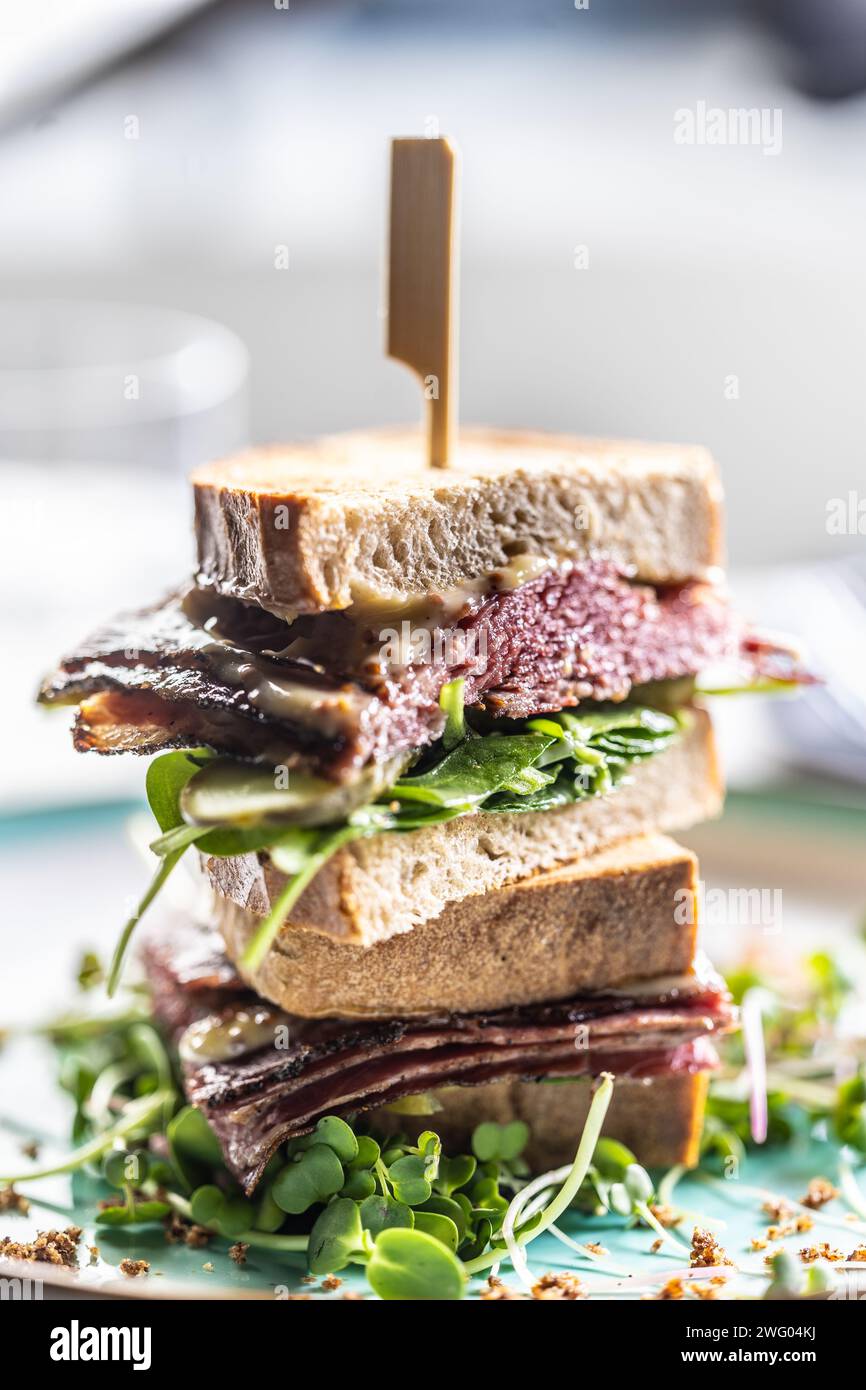 Sandwich New York con pastrami, salsa ed erbe. Concetto di fast food. Foto Stock