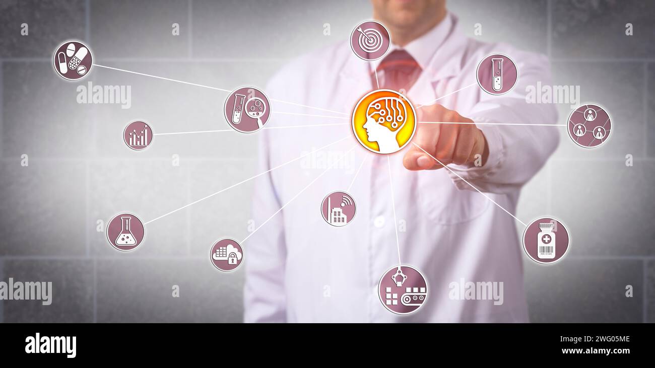 Scienziato di ricerca farmaceutica irriconoscibile che avvia l'intelligenza artificiale. Concetto di soluzione basata sull'intelligenza artificiale, applicazione basata sull'intelligenza artificiale, ottimizzazione Foto Stock