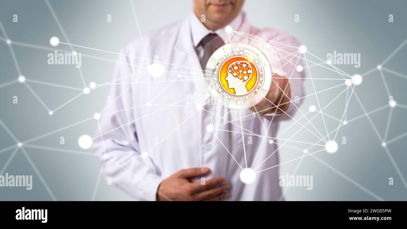 Un ricercatore scientifico irriconoscibile sta avviando un'applicazione di intelligenza artificiale in una rete informatica. Metafora scientifica e tecnologica per Foto Stock
