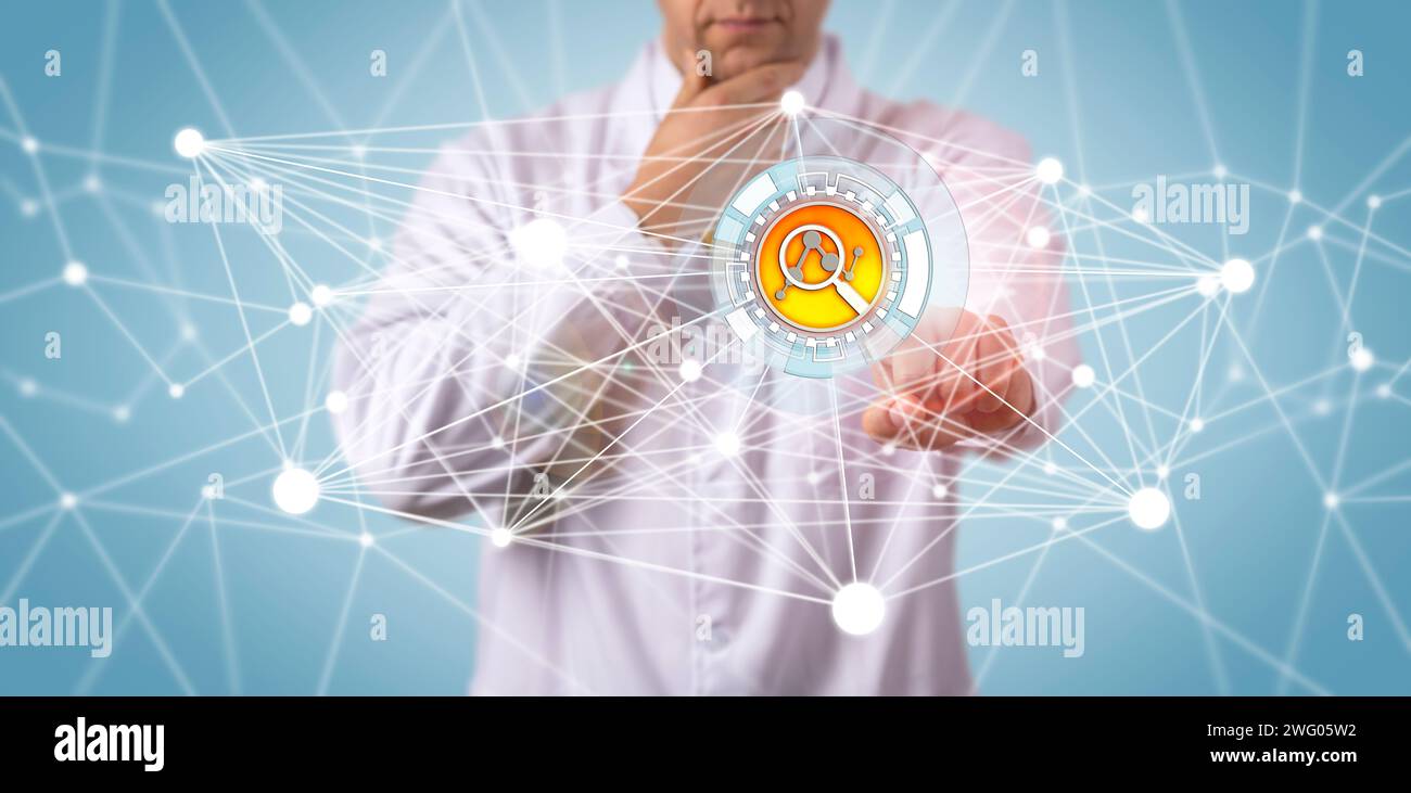 Ricercatore scientifico irriconoscibile che contempla i risultati dei dati. Concetto tecnologico per la scoperta, la ricerca e lo sviluppo di farmaci, il riconoscimento di modelli Foto Stock