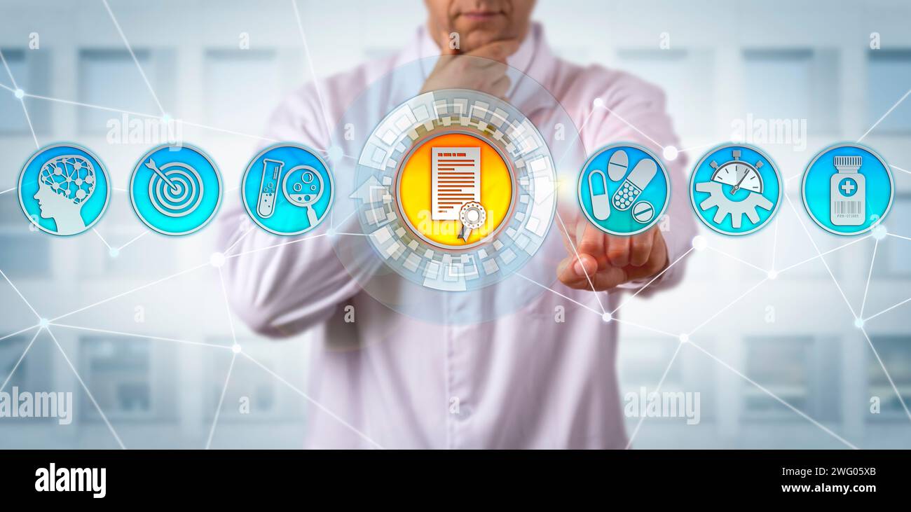 Scienziato di ricerca farmaceutica maschile irriconoscibile che riceve l'approvazione del farmaco. Pharma Concept per la valutazione di farmaci generici, controllo di qualità, sicurezza dei farmaci Foto Stock