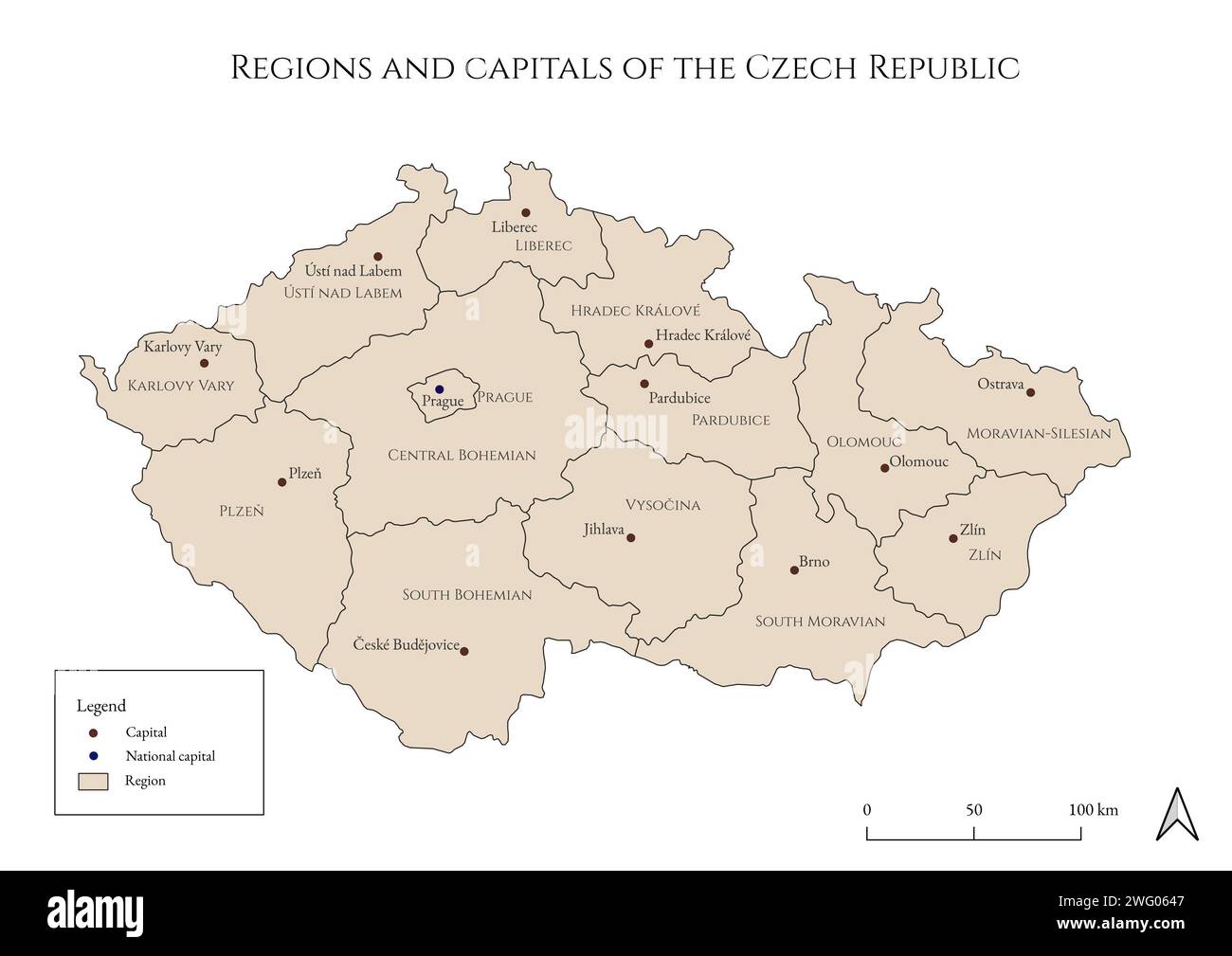 Mappa politica delle regioni e delle capitali della Repubblica Ceca - mappata in stile antico e rustico Foto Stock