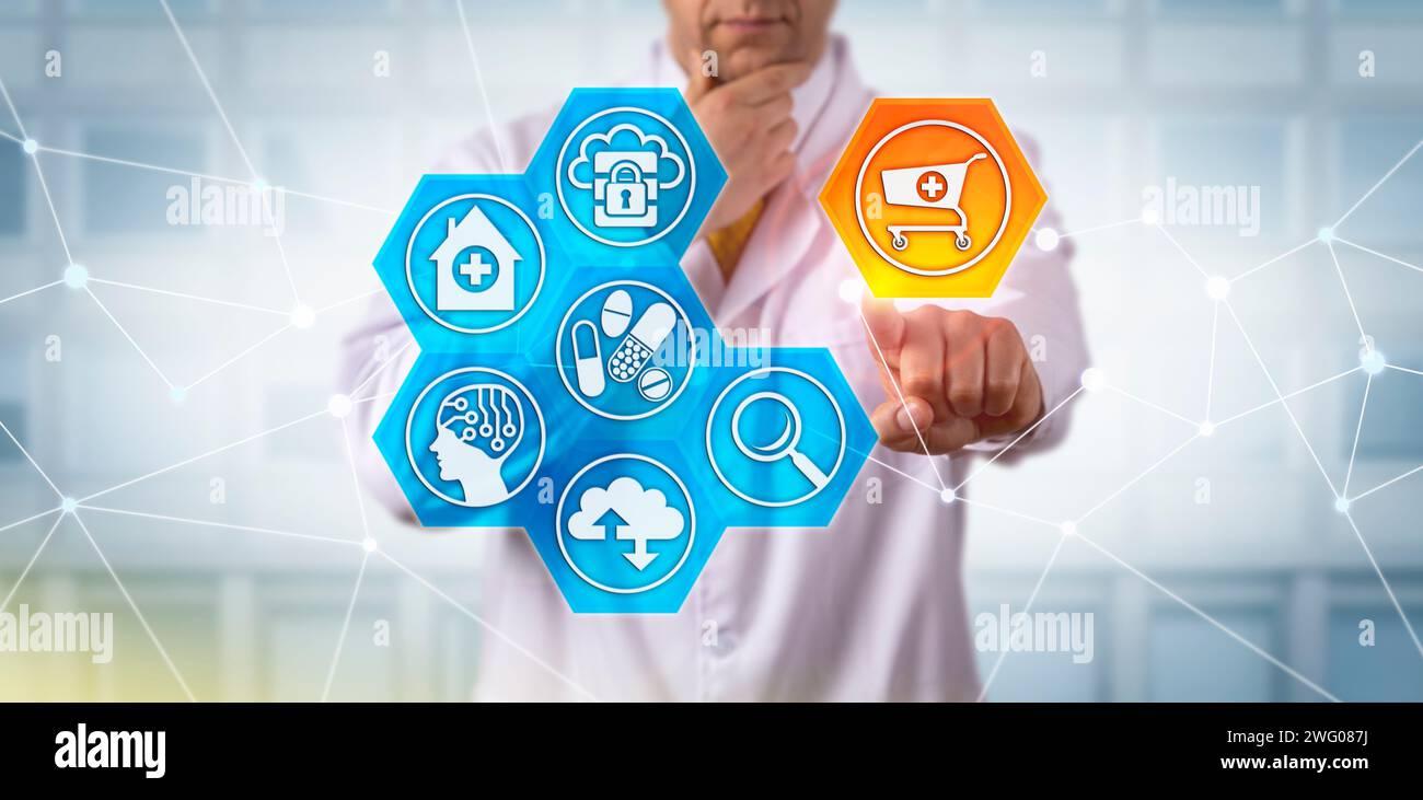 Uno scienziato farmaceutico irriconoscibile che individua un'icona del carrello in un'interfaccia di e-commerce. Concetto di tecnologia di marketing farmaceutico per auto in autonomia Foto Stock